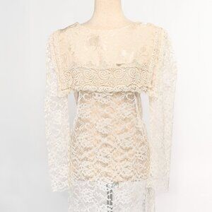 Vintage 80s Ivory & White Sheer Lace NIGHT WAY Bib Style Long Sleeve Midi Dress